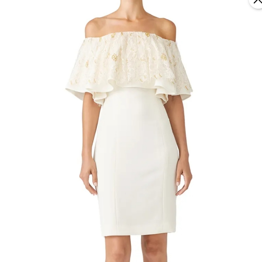Slate and Willow S4  White and Gold off the shoulder Sheath Dress